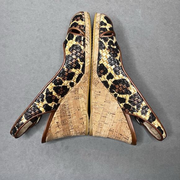STUART WEITZMAN Leopard Wedges Women Sz 8.5N Sling Back Tan Black Peep Toe Heels - Picture 6 of 9